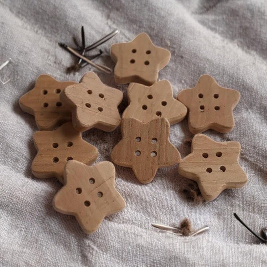 Multiple Handmade wooden buttons flower / star shaped LIGHT WOOD