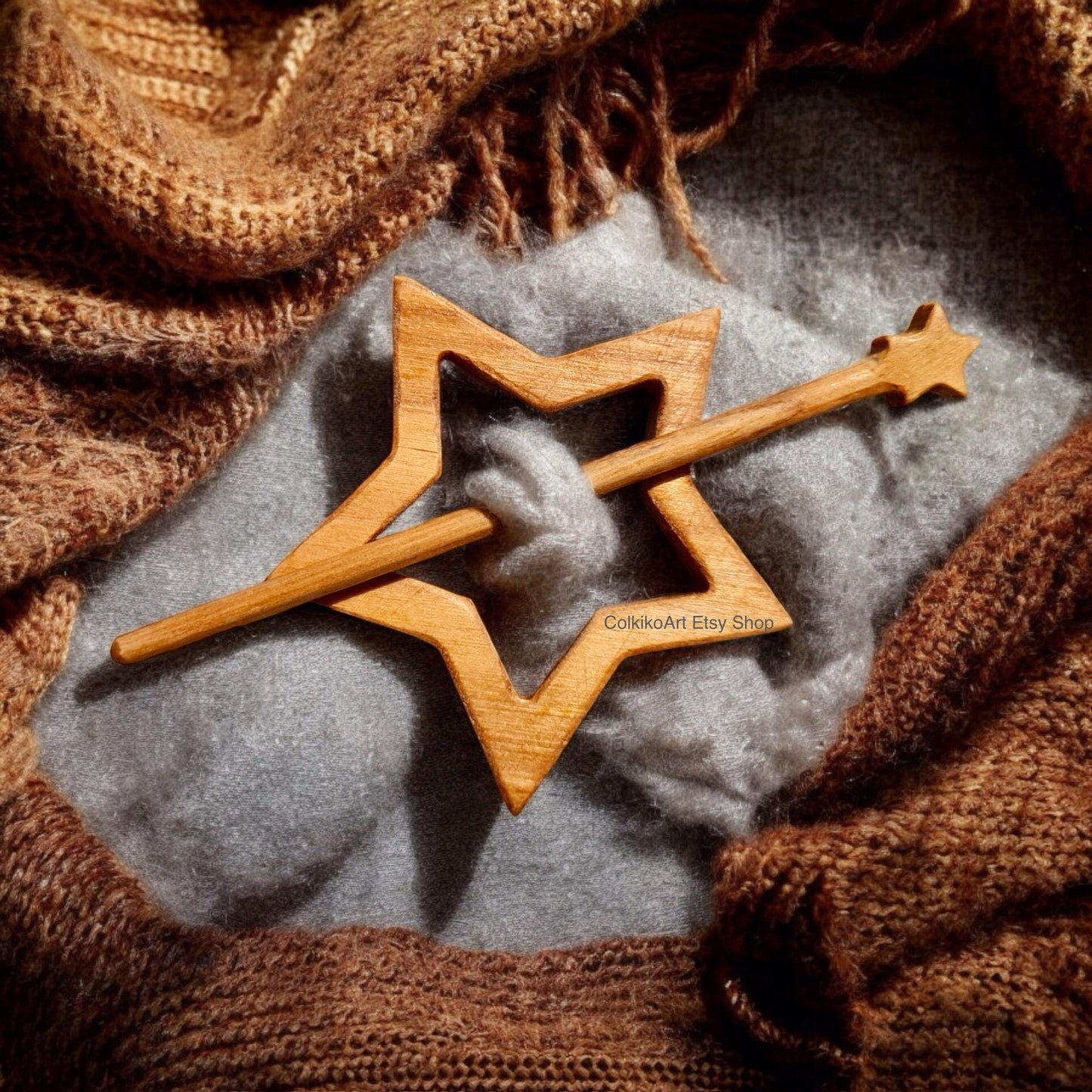 Star Wooden Shawl Pin, Wood Brooch, knitted Scarf Pin, Women Gift,Accessory, Jewlery