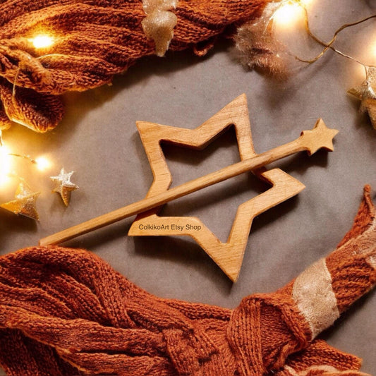 Star Wooden Shawl Pin, Wood Brooch, knitted Scarf Pin, Women Gift,Accessory, Jewlery