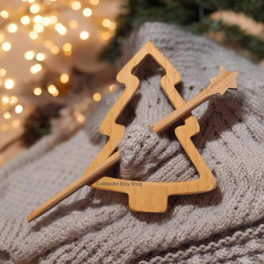 christmas tree Wooden Shawl Pin, Wood Brooch, knitted Scarf Pin, Women Gift,Accessory, Jewlery