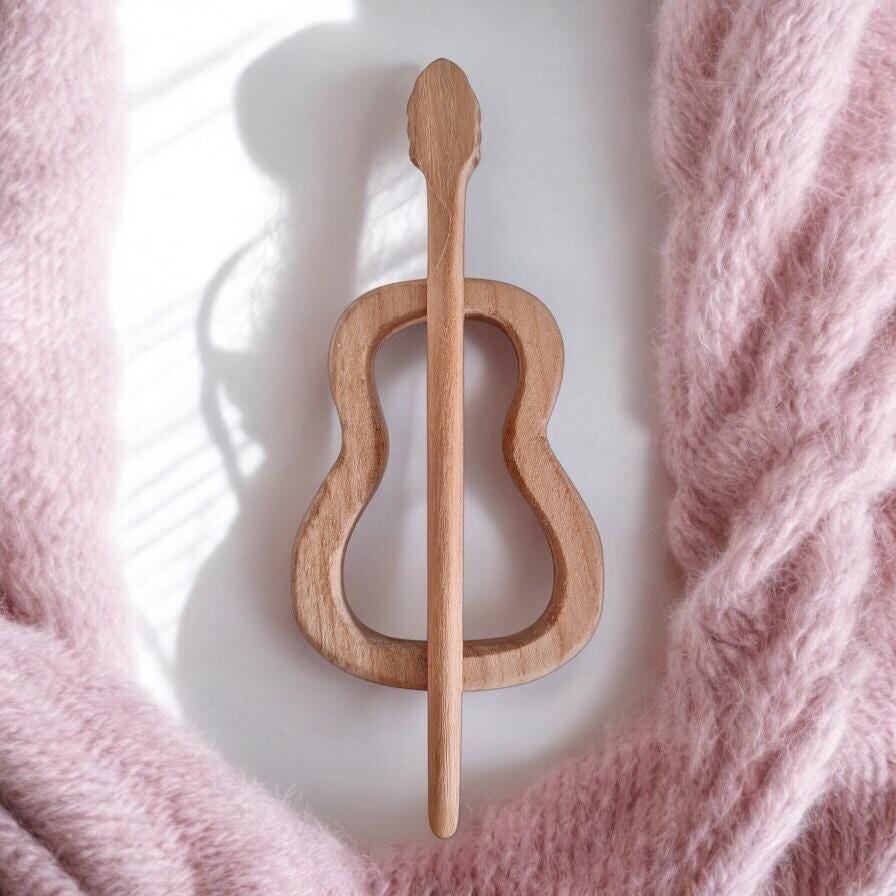 acoustic guitar, music accessories, Wooden Shawl Pin, Wood Brooch, knitted Scarf Pin, Women Gift