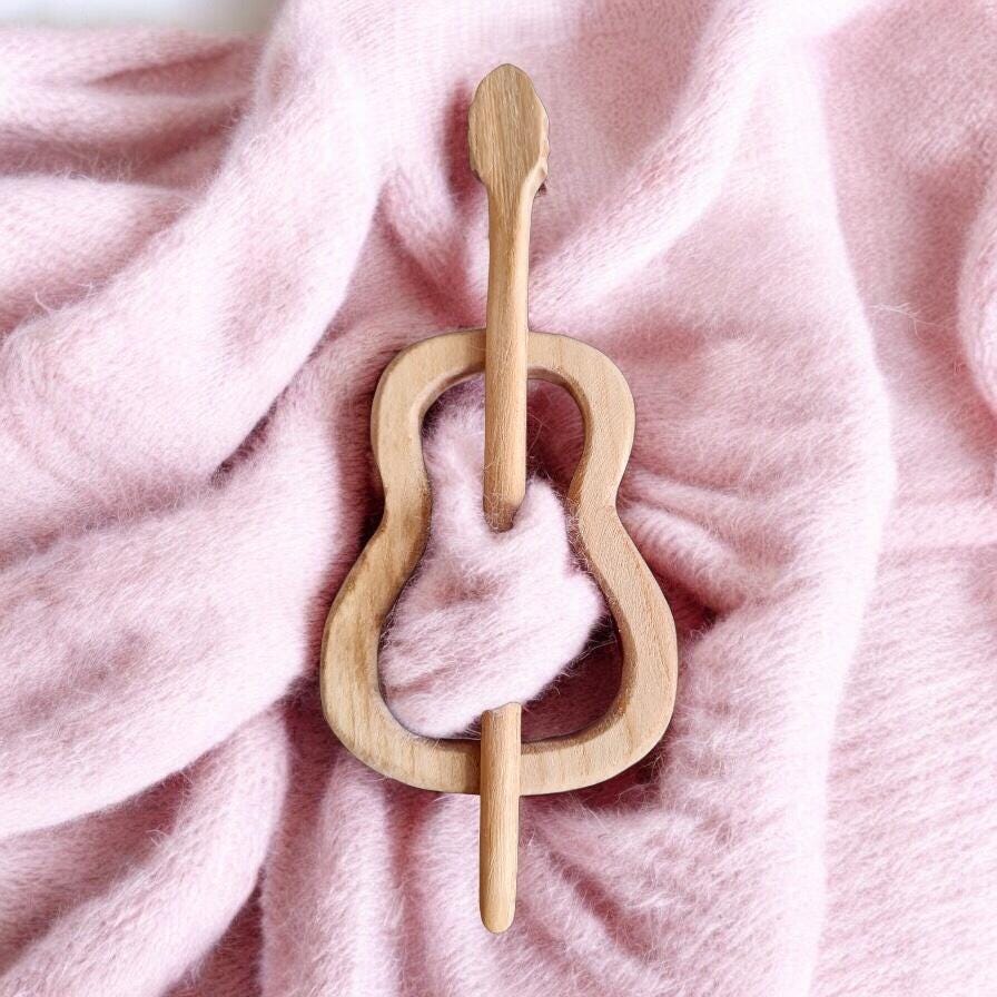 acoustic guitar, music accessories, Wooden Shawl Pin, Wood Brooch, knitted Scarf Pin, Women Gift