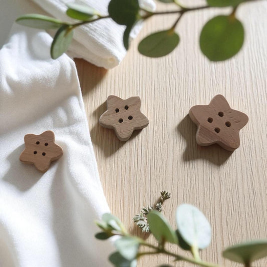 Multiple Handmade wooden buttons flower / star shaped LIGHT WOOD
